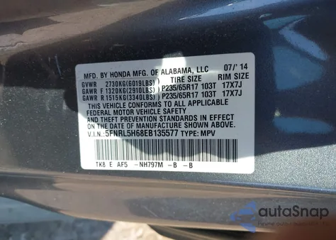 2014 Honda Odyssey Ex-L from USA, damaged, VIN 5FNRL5H68EB135577